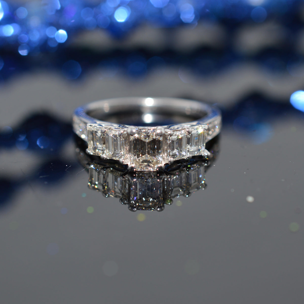 14K White Gold 2 Carat Baguette & Emerald Cut Diamond Anniversary Ring