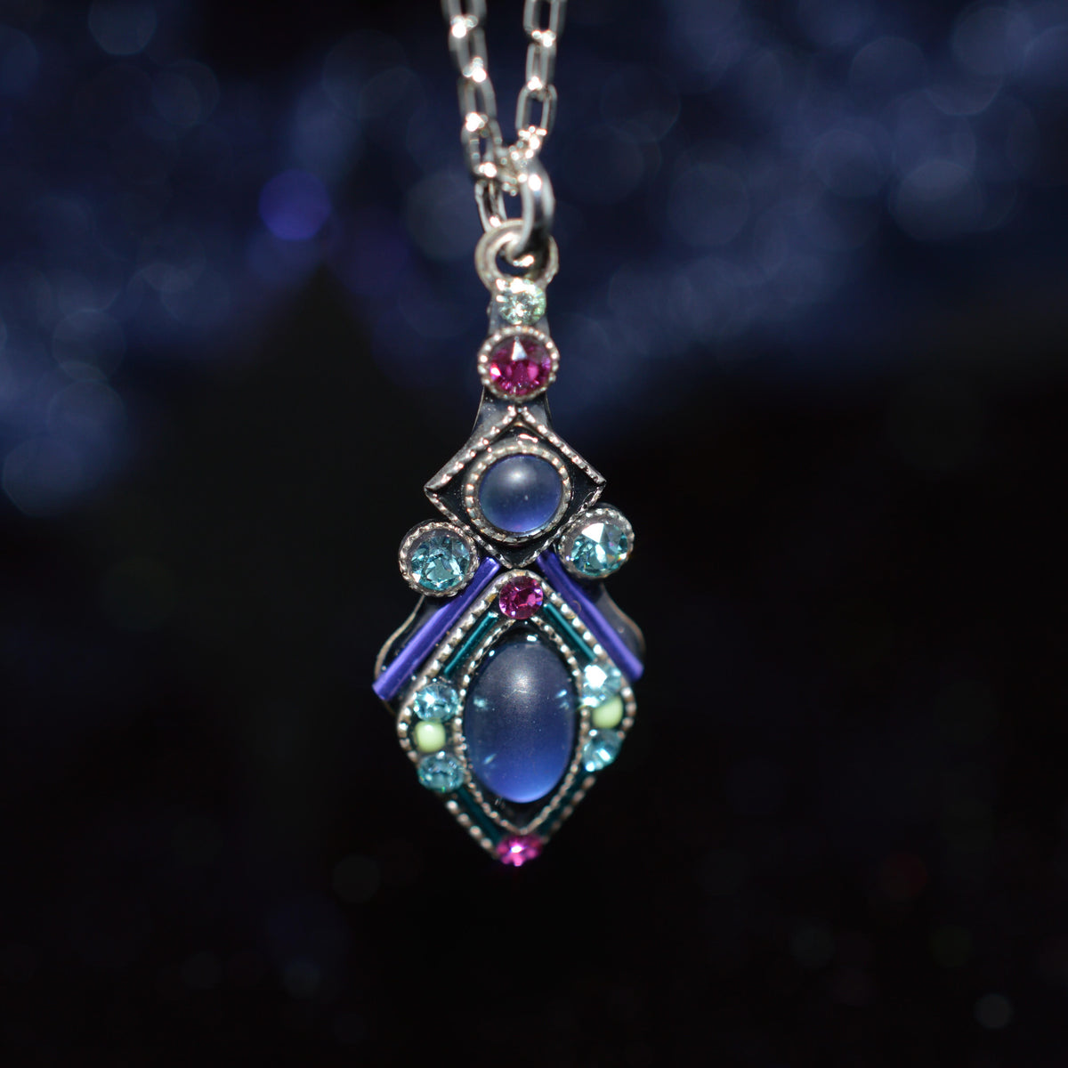 Antique Silver Plated Moonlight Tanzanite Colored Crystal Pendant by Firefly