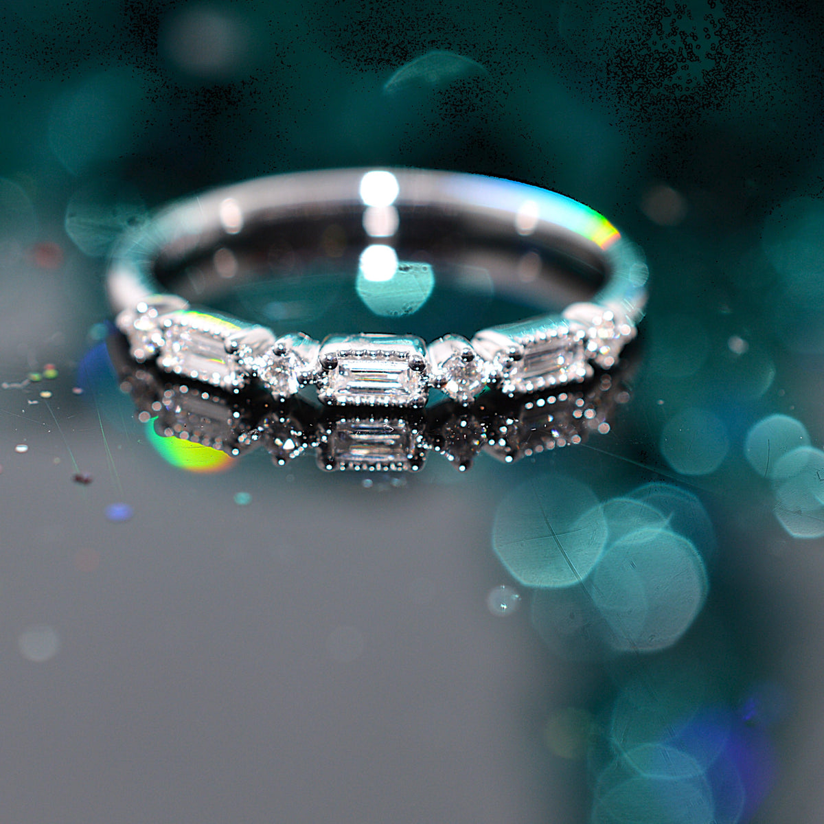 14K White Gold Anniversary Ring With Alternating Round & Baguette Cut Diamonds
