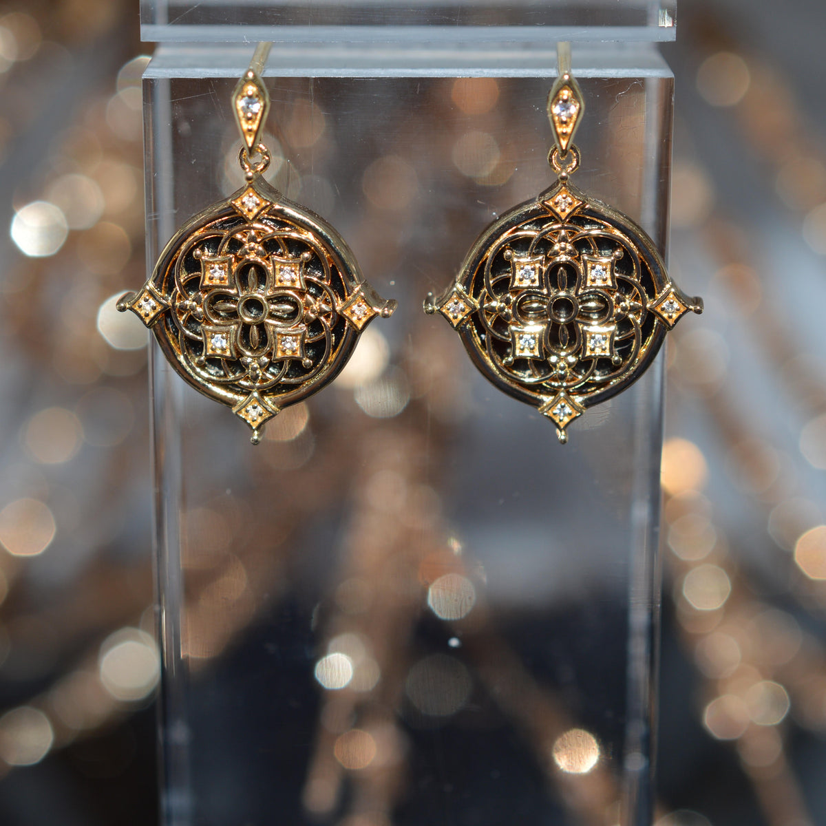 Gold Vermeil Earrings With Round Black Onyx And White Sapphires