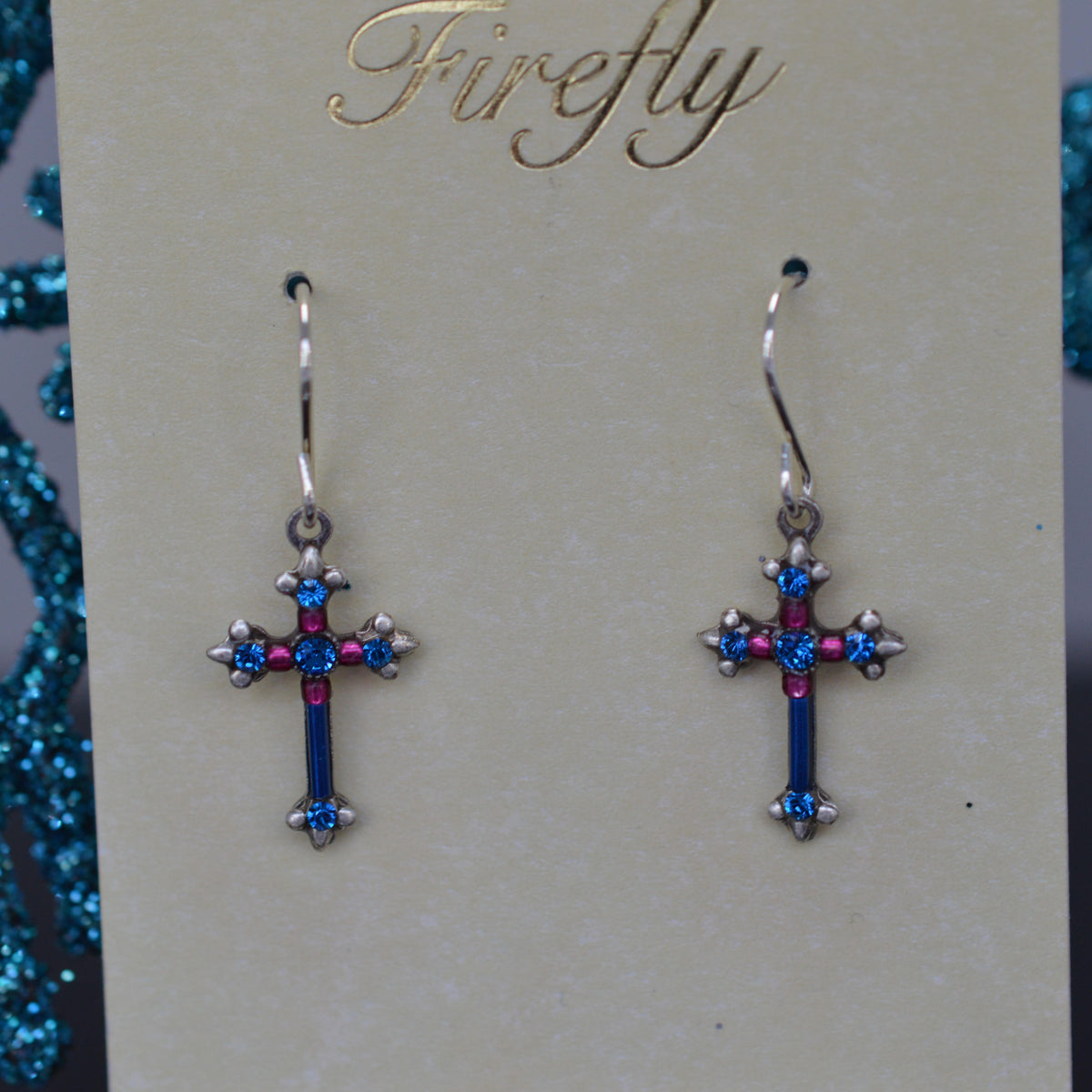 Antique Silver Plated Medium Bermuda Blue Crystal Cross Earrings by Firefly