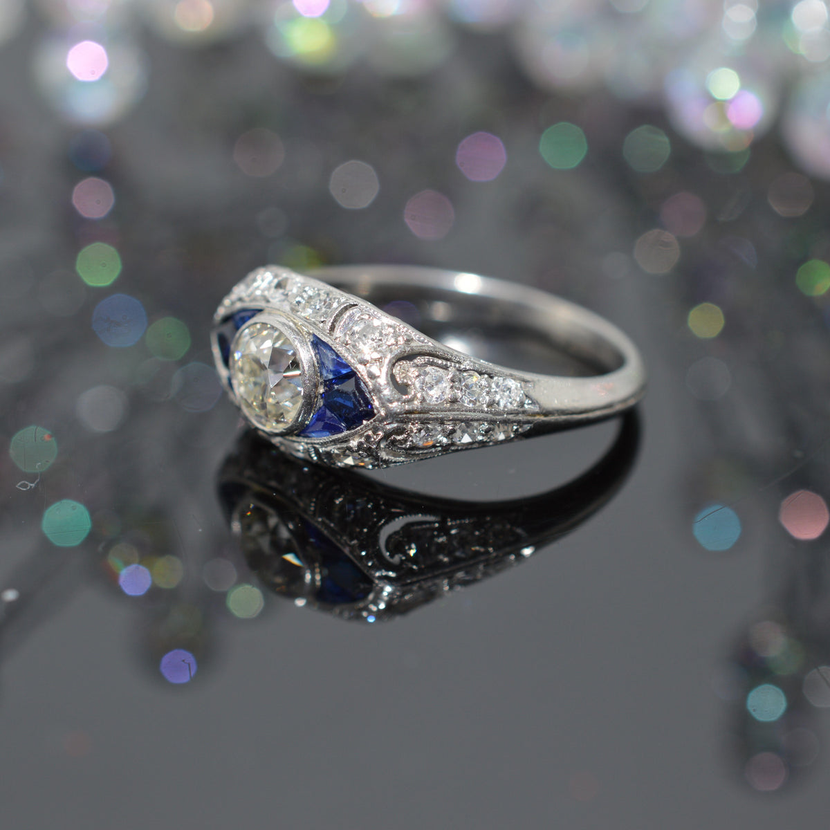 Platinum Art Deco Old European Cut Diamond Ring With Calibre Cut Sapphires