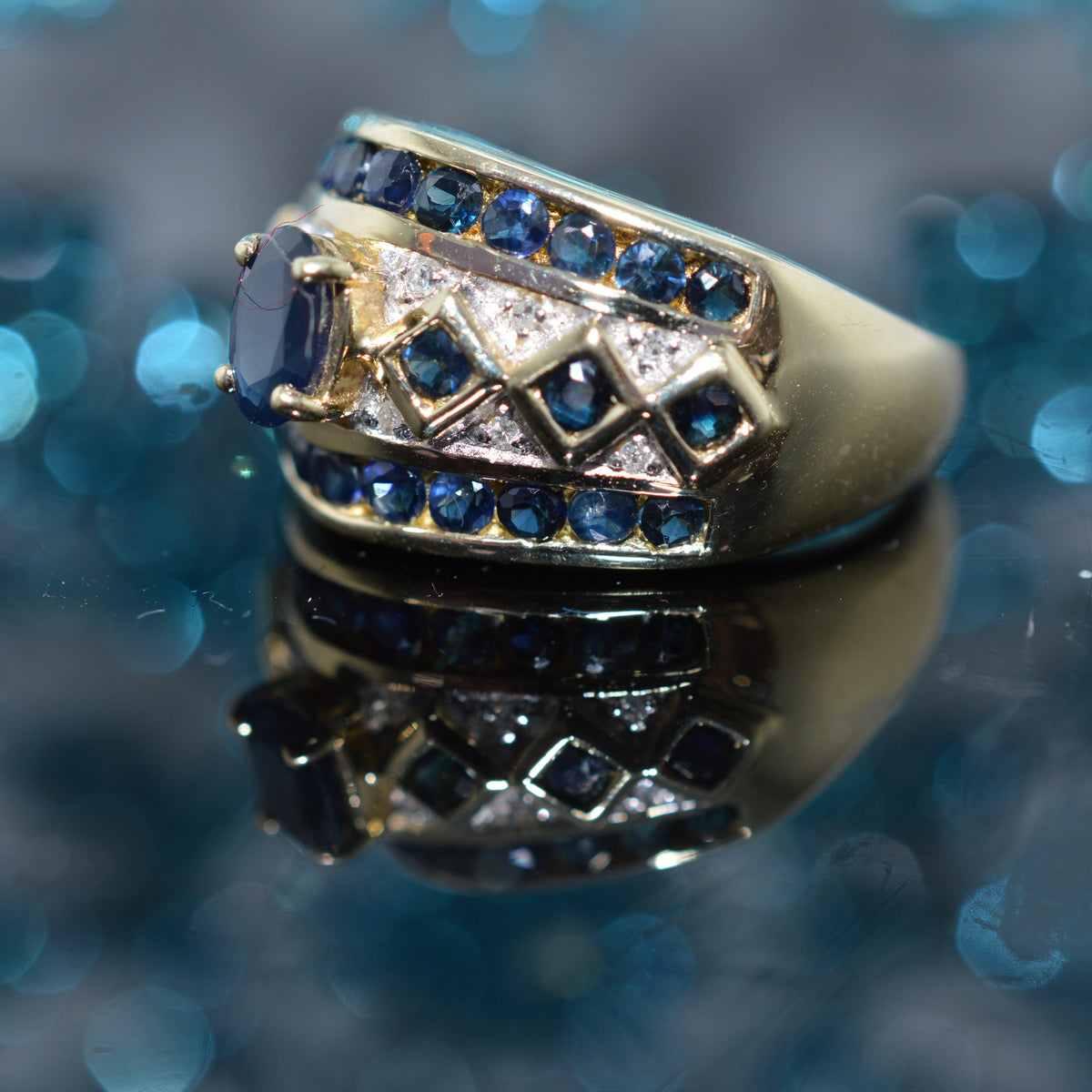 14K Two Tone Gold Wide Band Ring With Sapphires & Diamonds