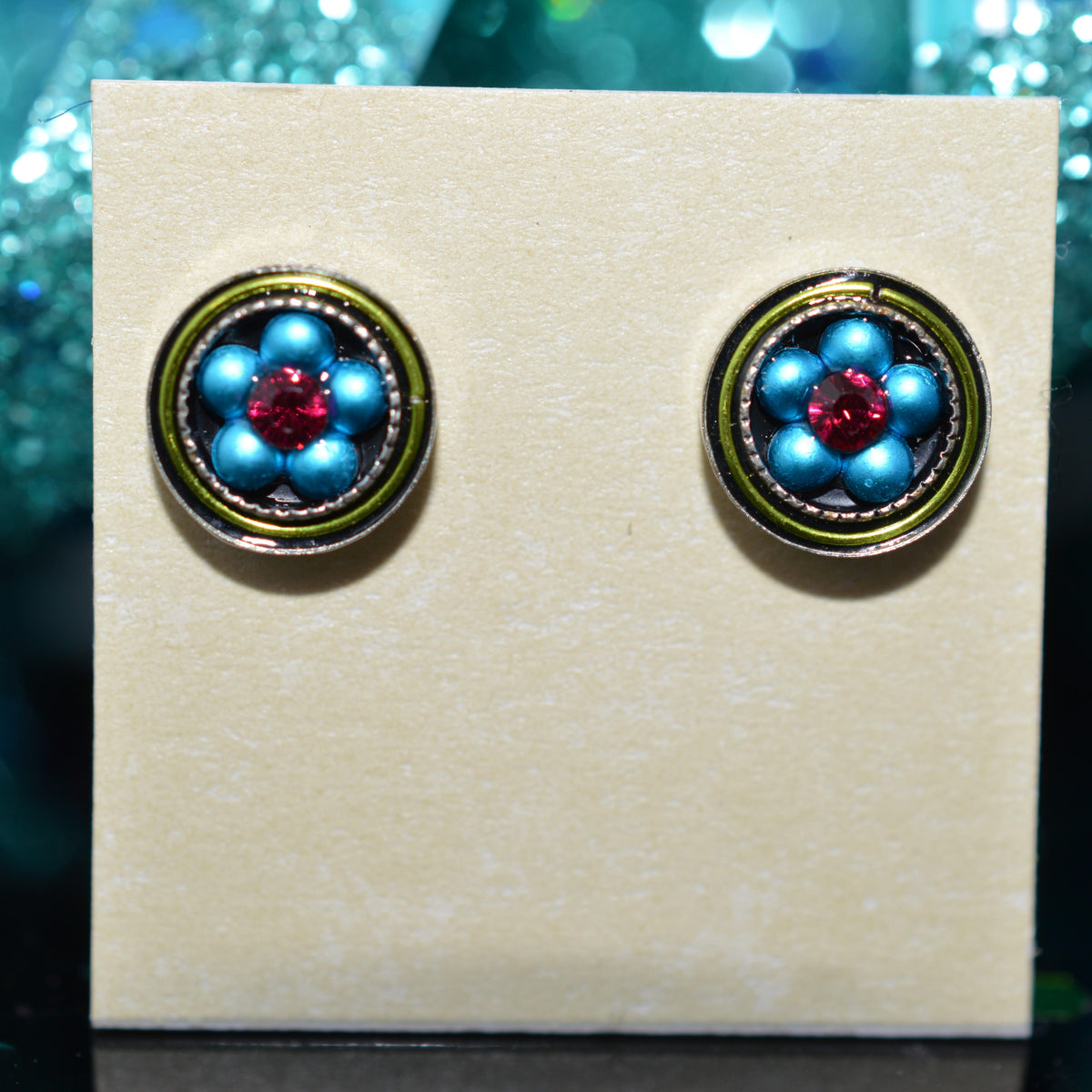 Antique Silver Plated Flower Stud Multi-Color Crystal Earrings by Firefly