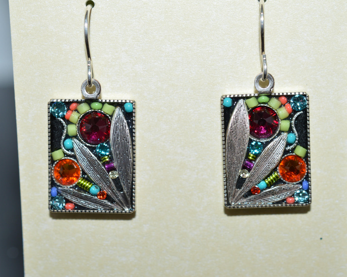 Antique Silver Plated Rectangular Luxe Leaf Earrings by Firefly