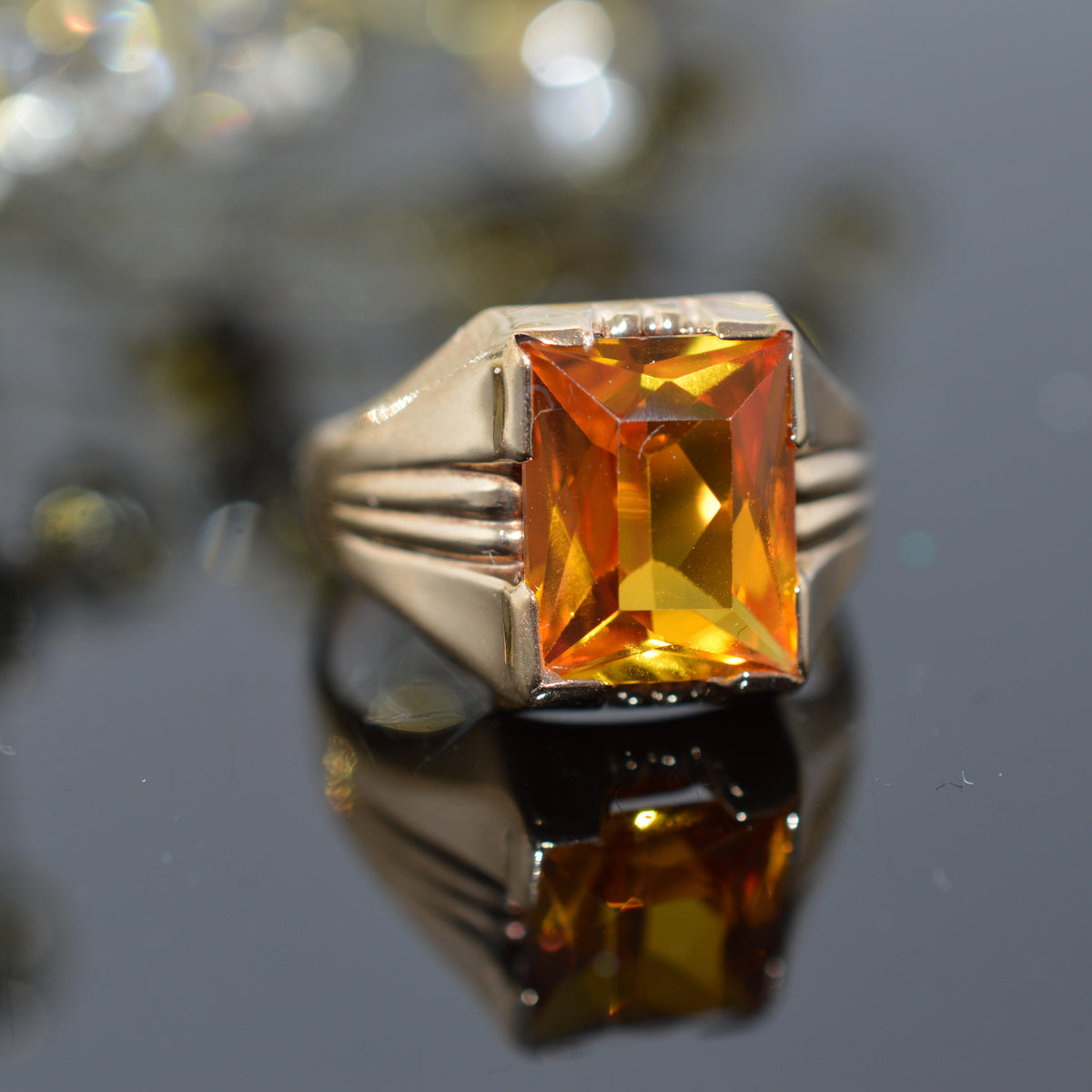 10K Yellow Gold Antique Synthetic Emerald Cut Yellow Stone Ring