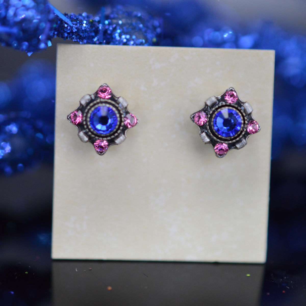 Antique Silver Plated Square Dulce Petite Sapphire Crystal Earrings by Firefly