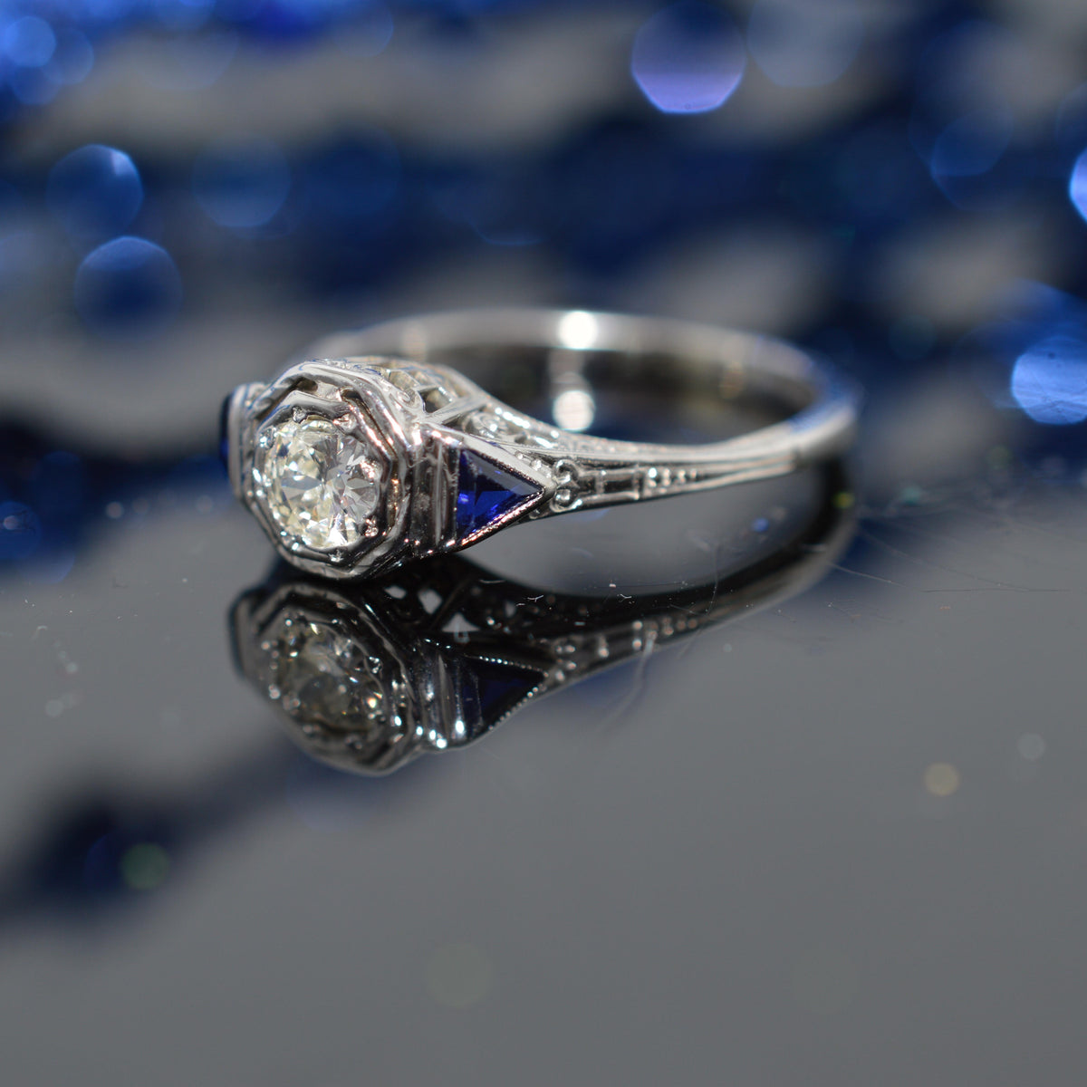 14K White Gold Art Deco Diamond Engagement Ring With Trillion Sapphires