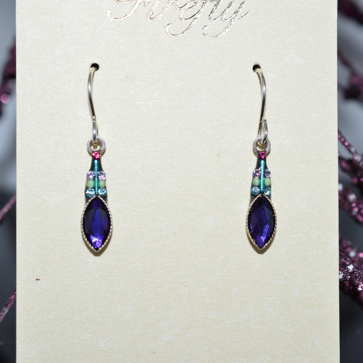 Antique Silver Plated Carmel Small Drop Purple Crystal Earrings by Firefly
