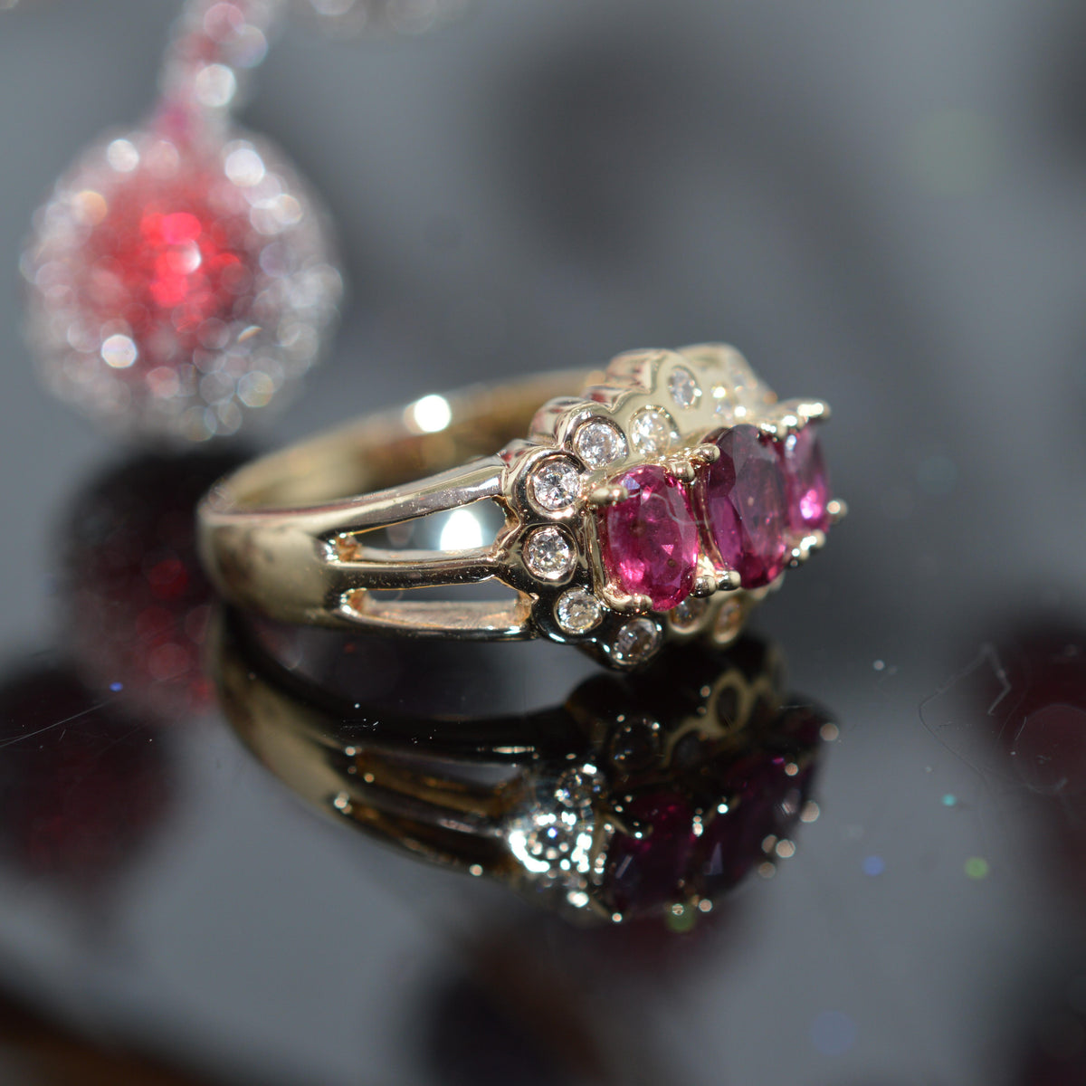 14K Yellow Gold 3 Oval Genuine Ruby & Diamond Ring