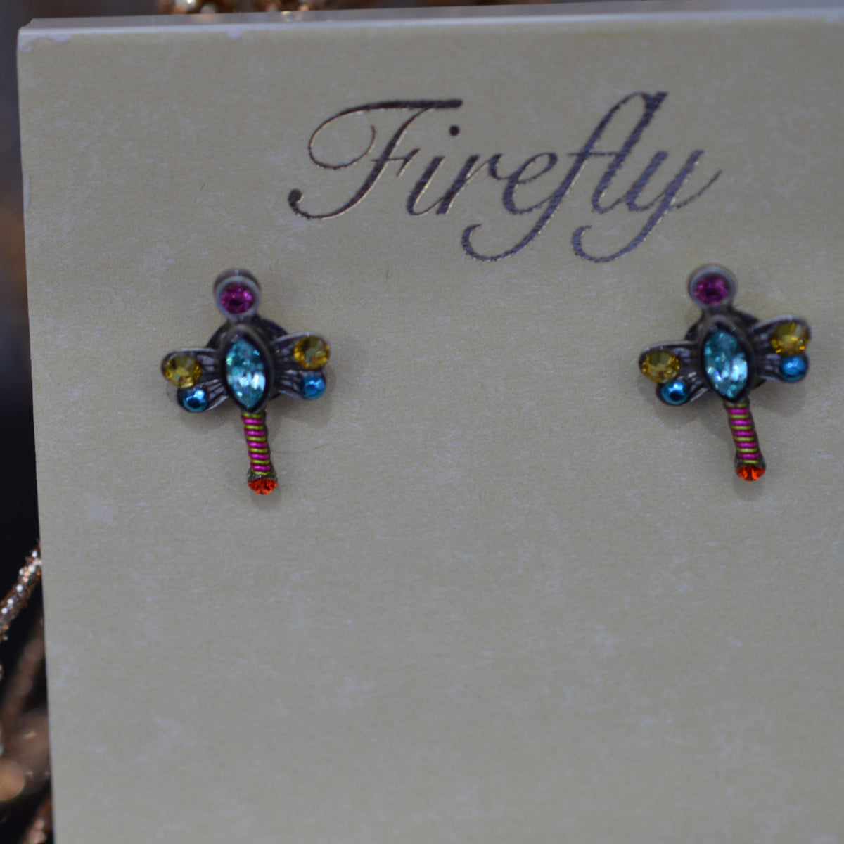 Antique Silver Plated Mini Dragonfly Stud Multi-Color Crystal Earrings by Firefly