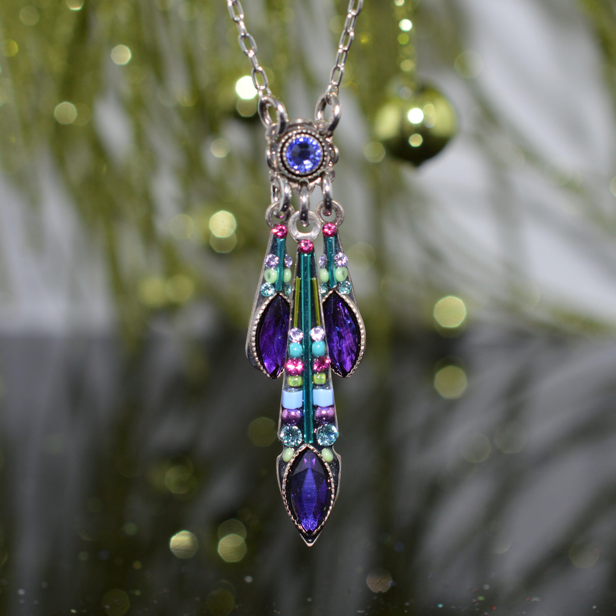 Antique Silver Plated Triple Carmel Purple Crystal Drop Necklace by Firefly