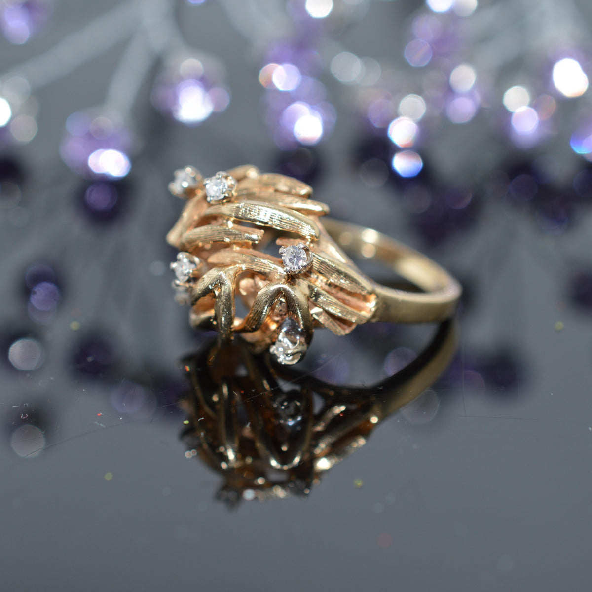 14K Yellow Gold Dome Ring With Scattering Of Round Diamonds