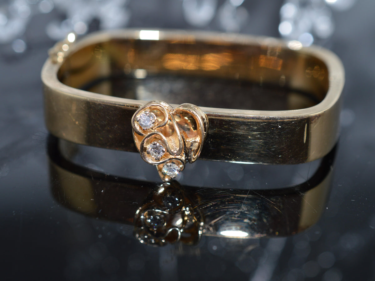 14K Yellow Gold Squarish Bangle Bracelet With 3 Round Diamonds