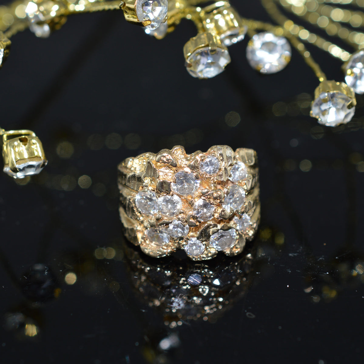 14K Diamond Cut Nugget Design Diamond Ring