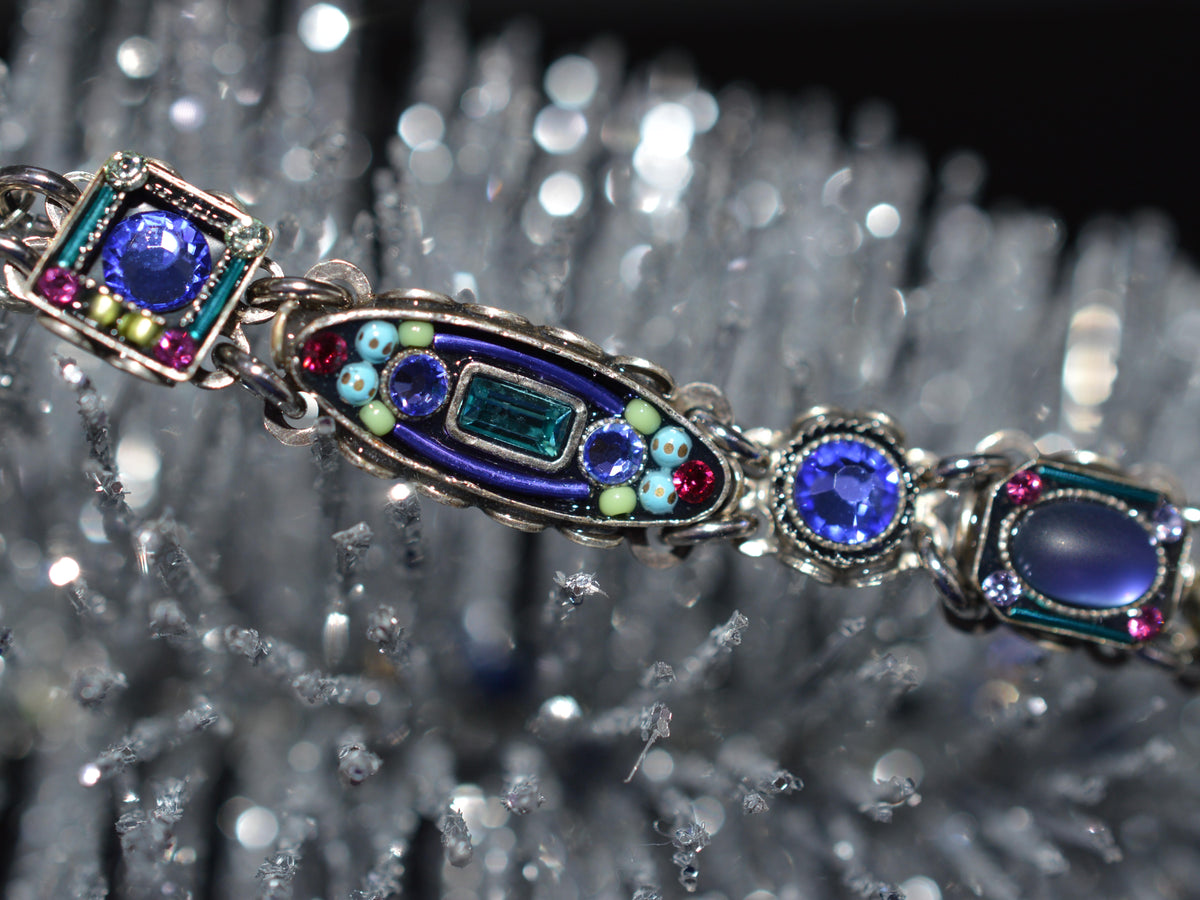 Antique Silver Plate Architectural Bracelet With Tanzanite Color Crystals by Firefly