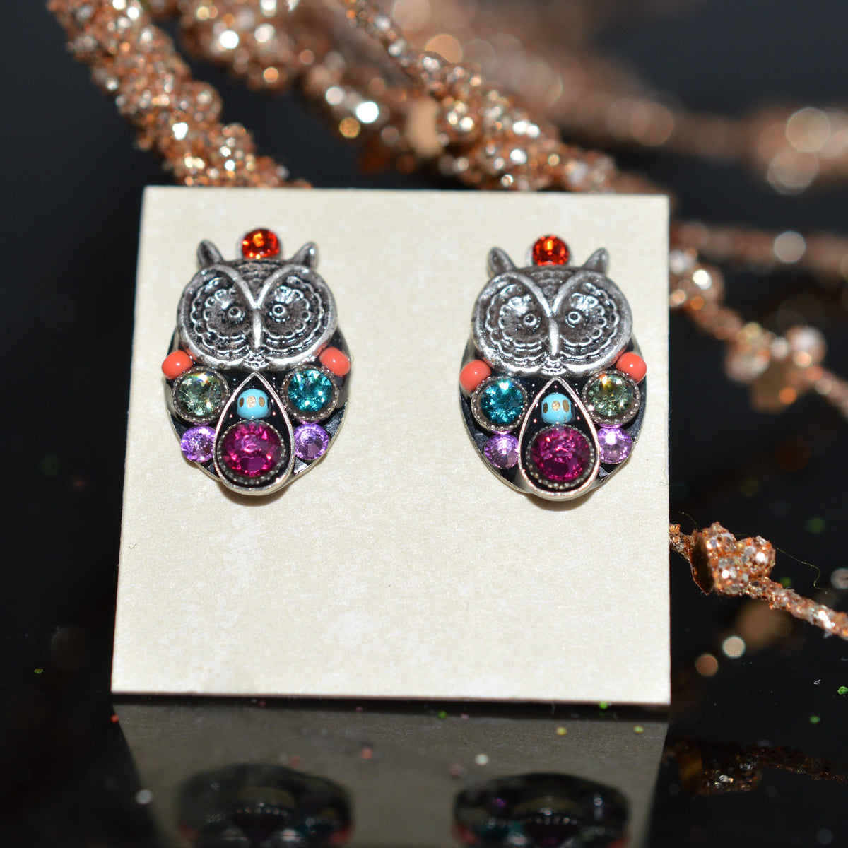 Antique Silver Plated Owl Stud Multi-Color Crystal Earrings by Firefly