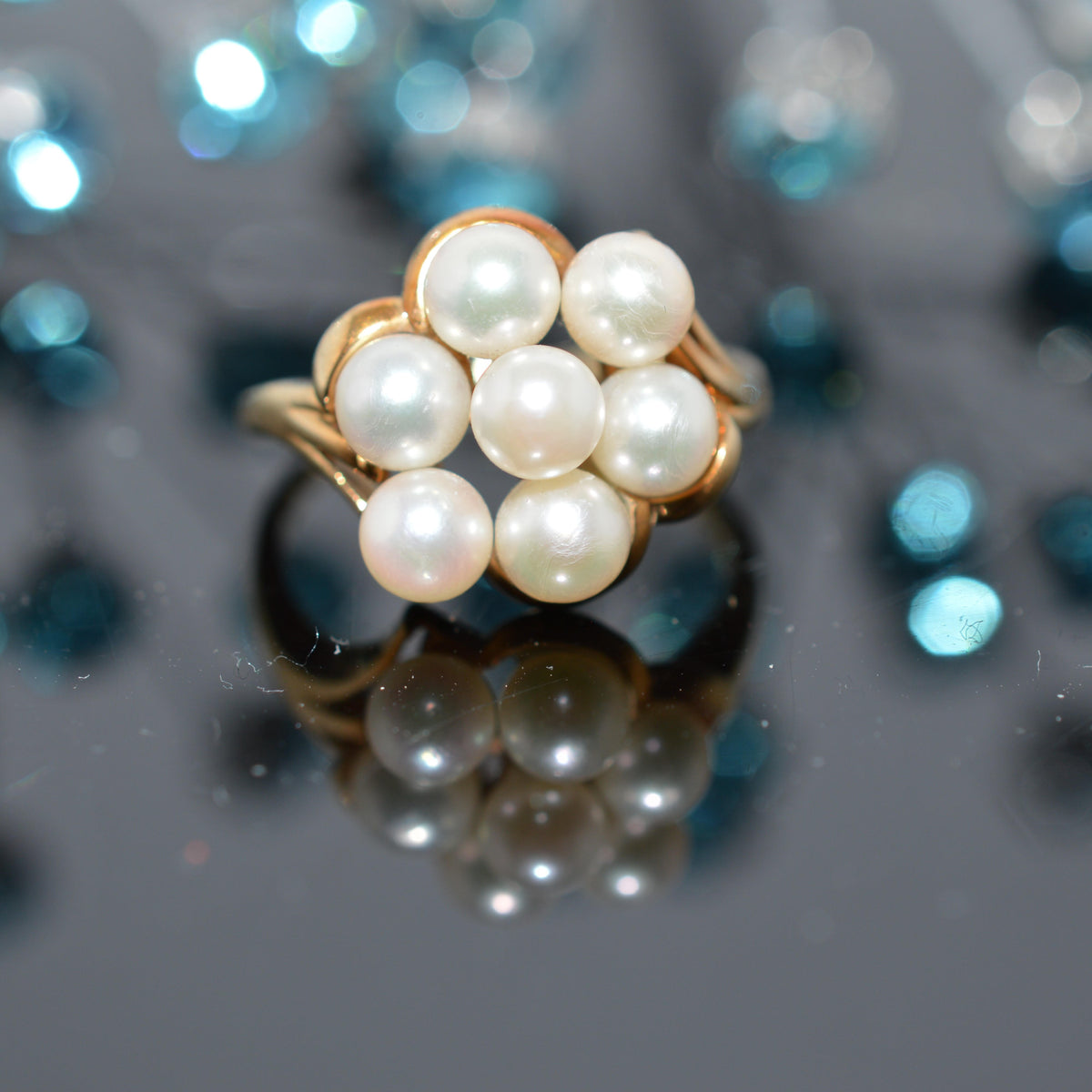 14K Yellow Gold 7 Pearl Cluster Ring