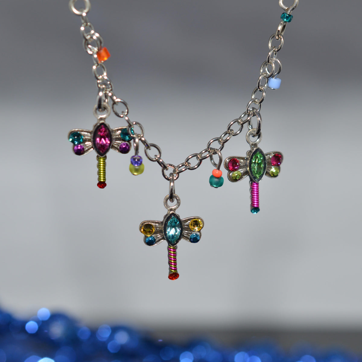 Antique Silver Plated Triple Petite Dragonfly Multi-Color Crystal Necklace by Firefly