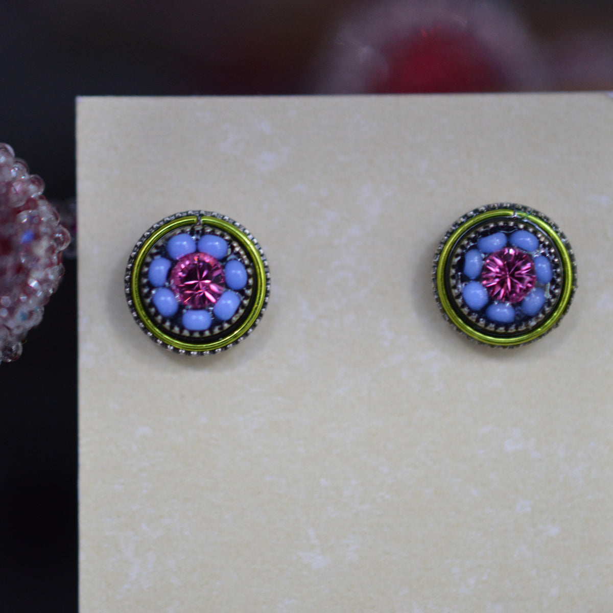 Antique Silver Plated Flower Stud With Periwinkle Crystal Earrings by Firefly