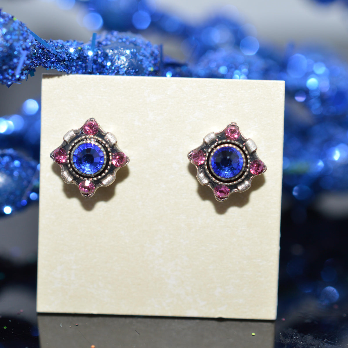 Antique Silver Plated Square Dulce Petite Sapphire Crystal Earrings by Firefly