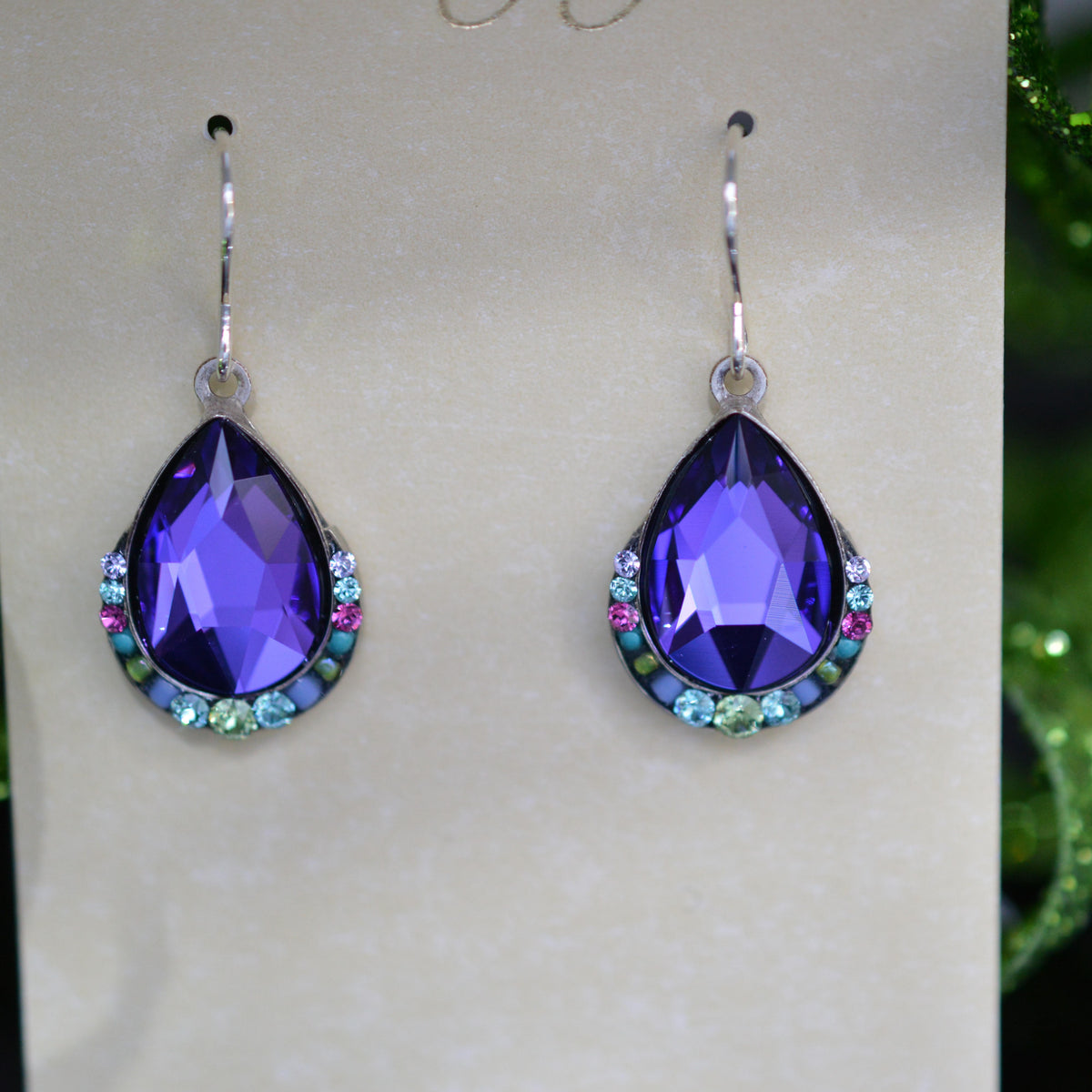 Antique Silver Plate Carmel Teardrop Earrings With Purple Crystals By Firefly