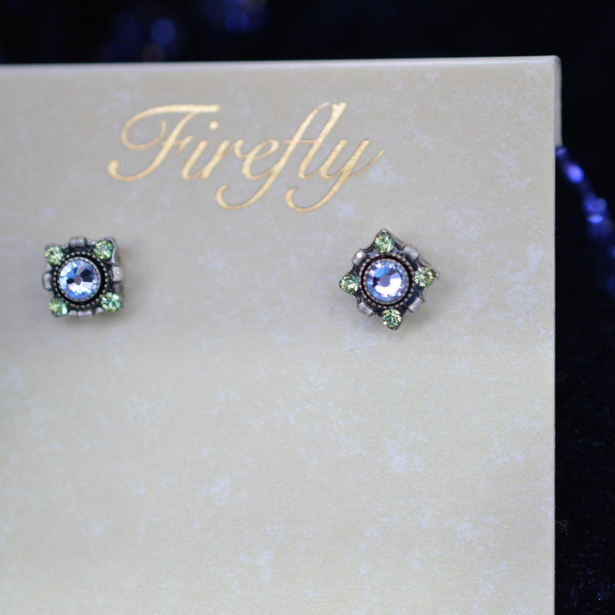 Antique Silver Plated Violet Crystal Dulce Stud Earrings By Firefly