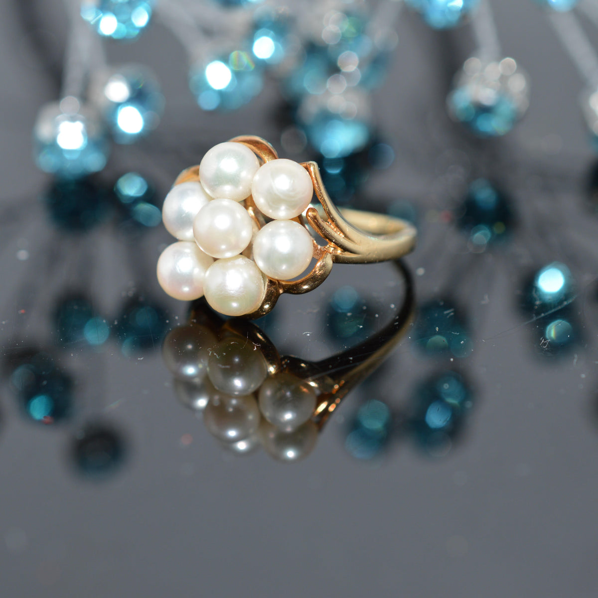 14K Yellow Gold 7 Pearl Cluster Ring