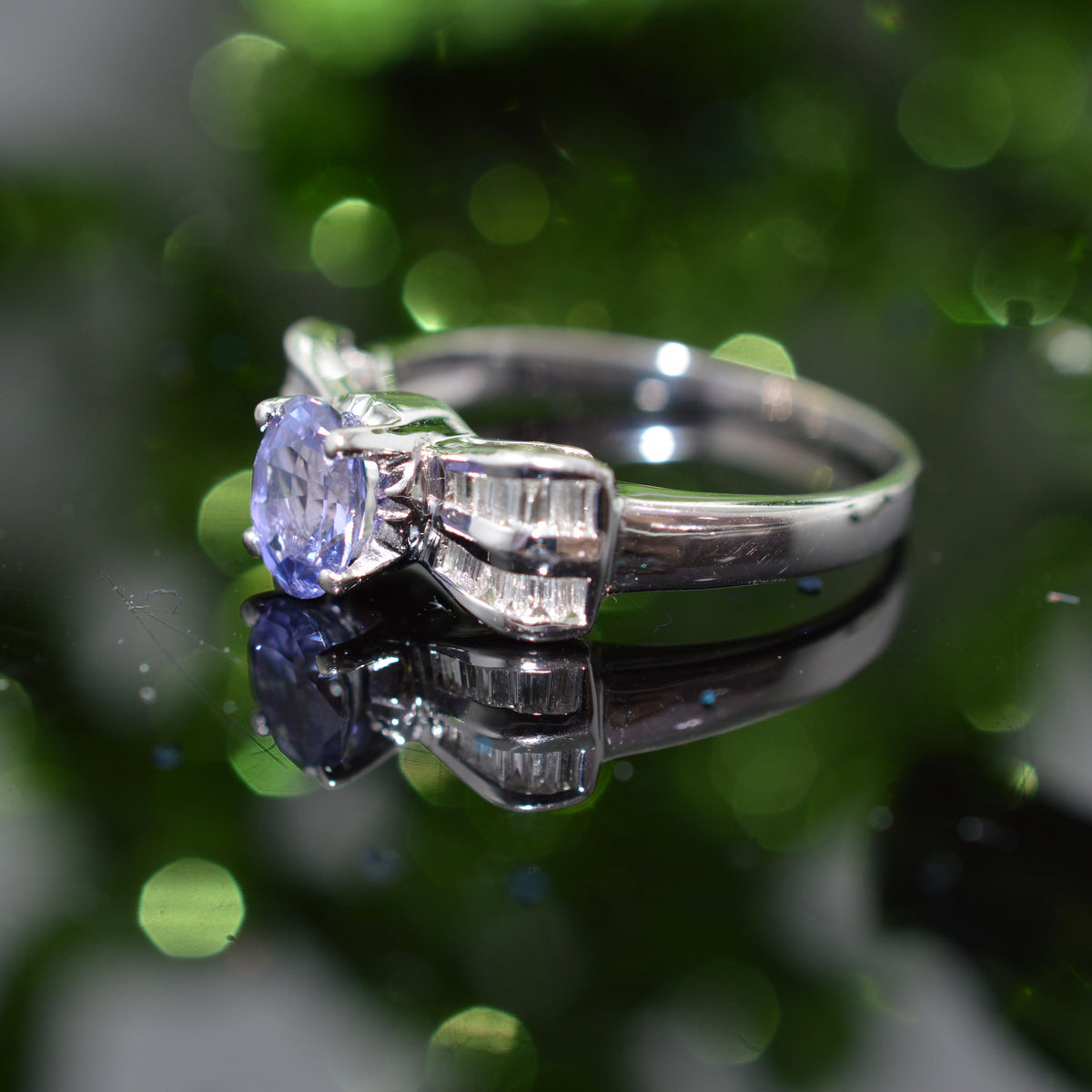18K White Gold Oval Purple Sapphire & Diamond Baguette Ring