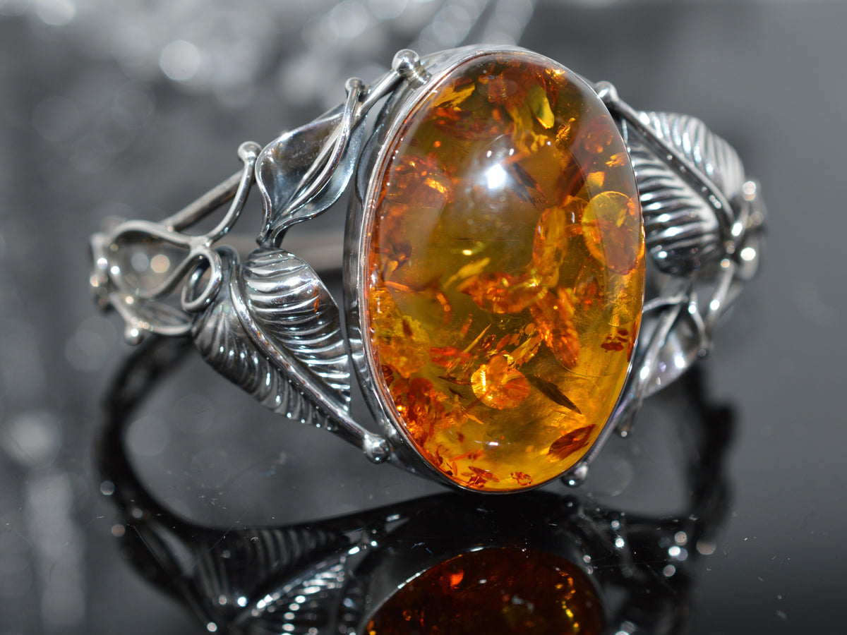 Sterling Silver Hinged Bracelet With Large Oval Baltic Amber
