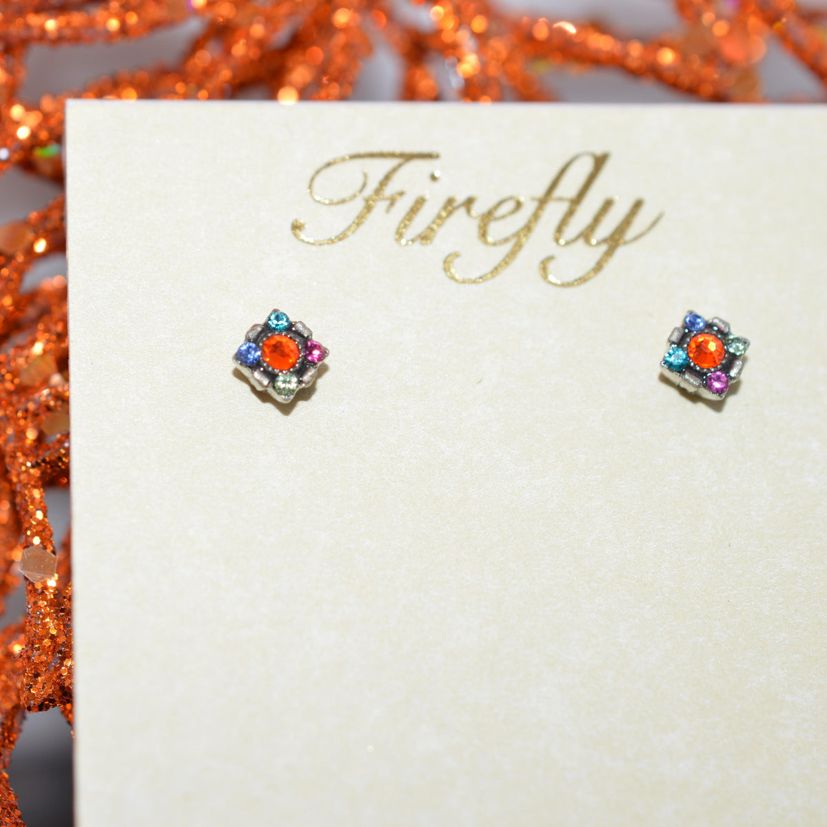 Antique Silver Plated Multi-Color Crystal Dulce Mini Stud Earrings By Firefly