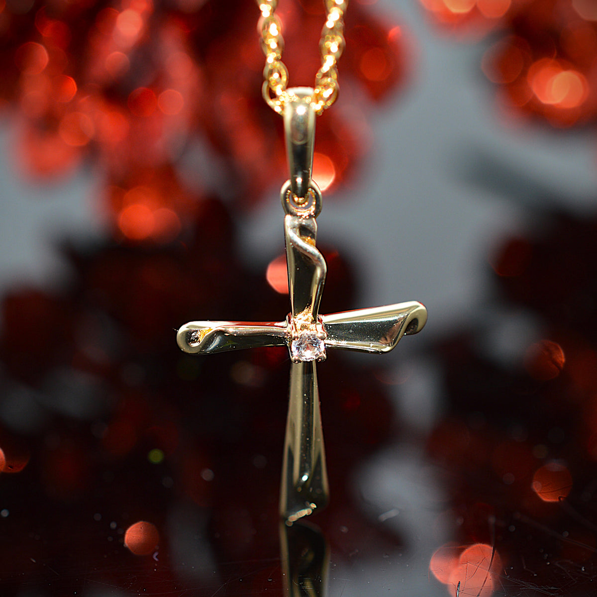 Gold Vermeil Chain & Cross Pendant With A White Sapphire Gemstone