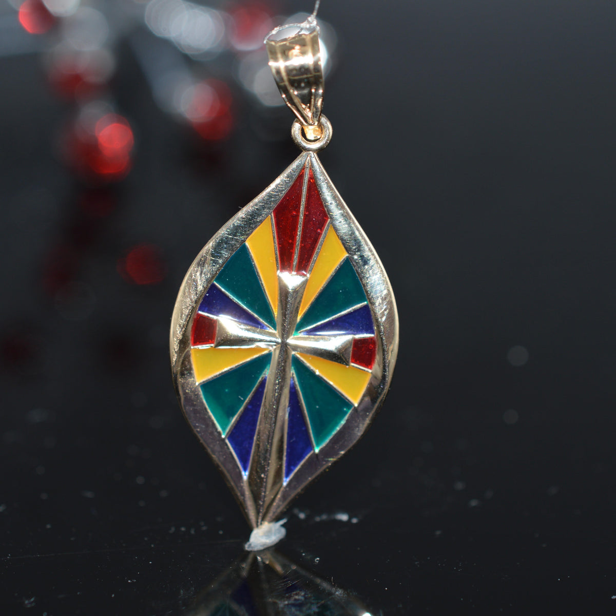 14K Yellow Gold Cross On Stained Glass Background Charm
