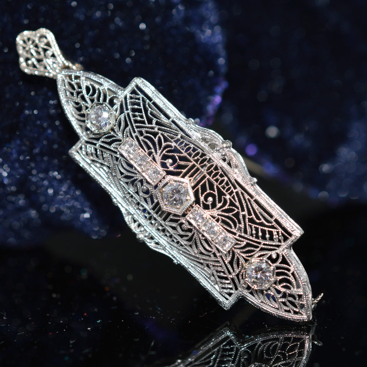 14K White Gold Antique Filigree Diamond Pin & Pendant
