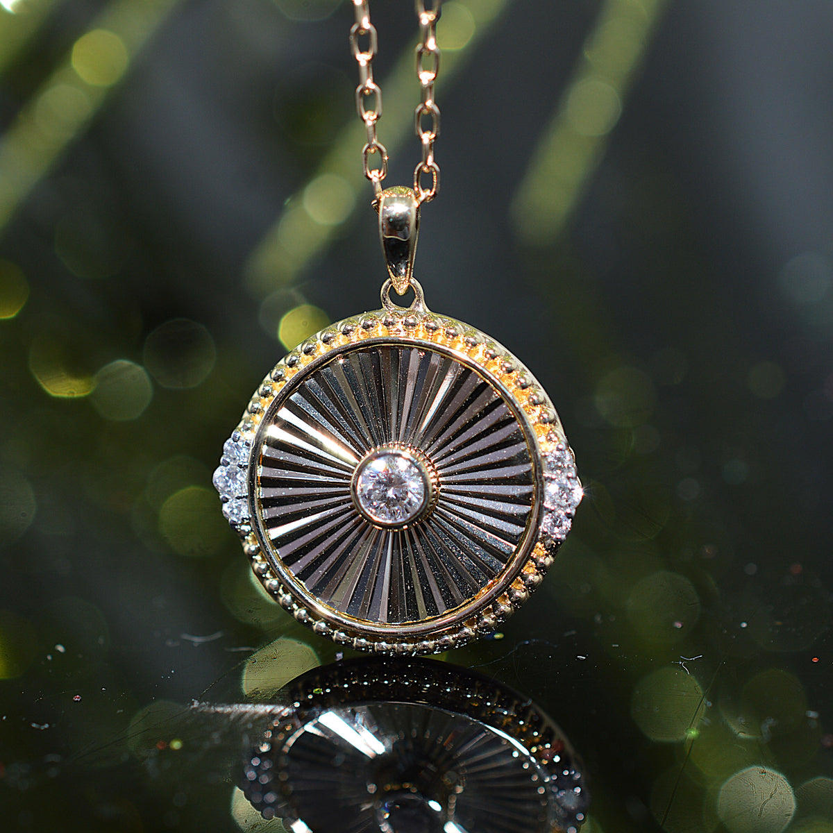 14K Yellow Gold Art Deco Inspired Round Sunburst Diamond Pendant With Chain