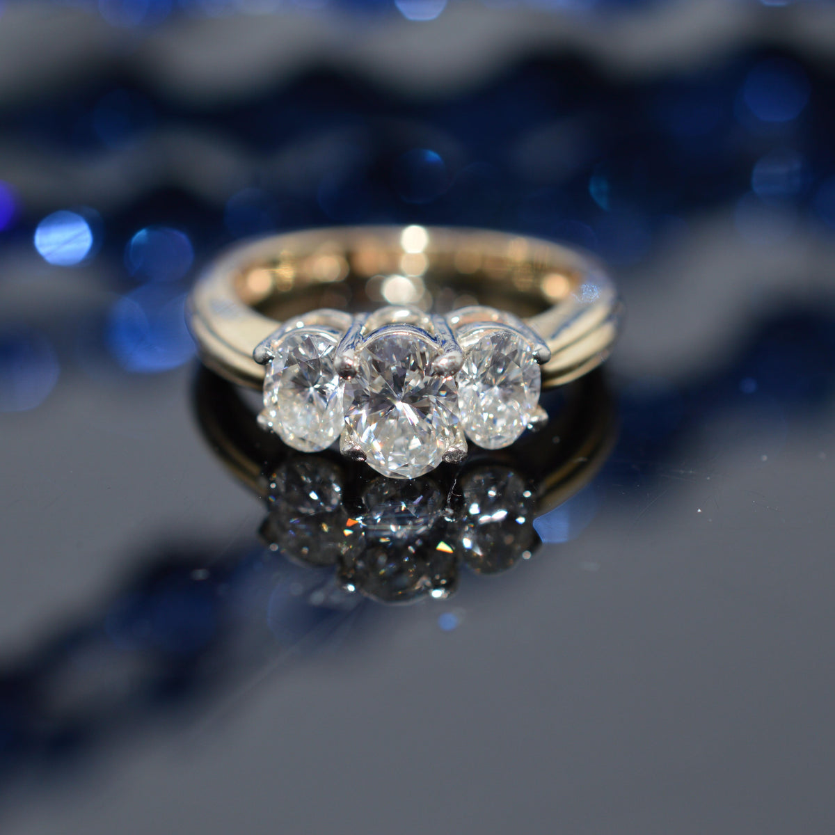 14K Two Tone Gold Past, Present, Future Diamond Ring With 3 Oval Diamonds