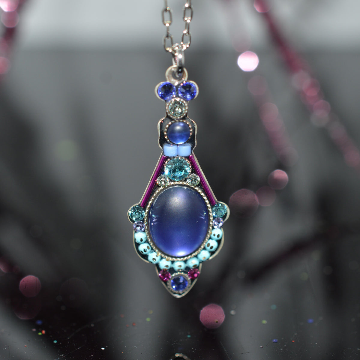 Antique Silver Plated Large Moonlight Tanzanite Colored Crystal Pendant by Firefly