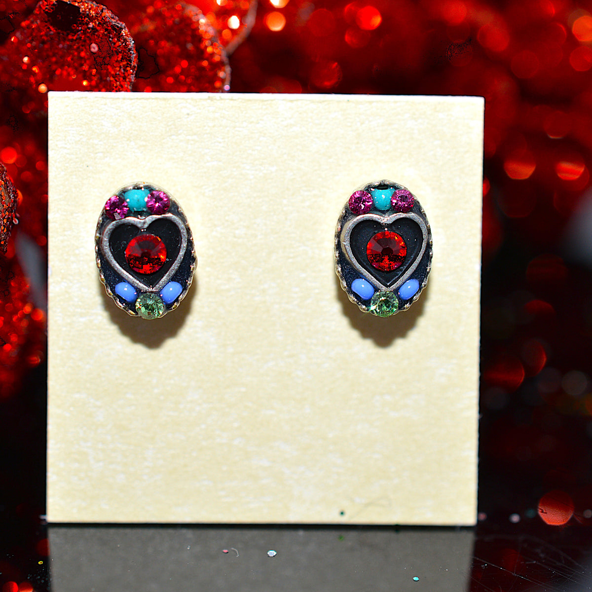Antique Silver Plated Oval Shape Heart Stud Earrings With Multi-Color Crystals by Firefly