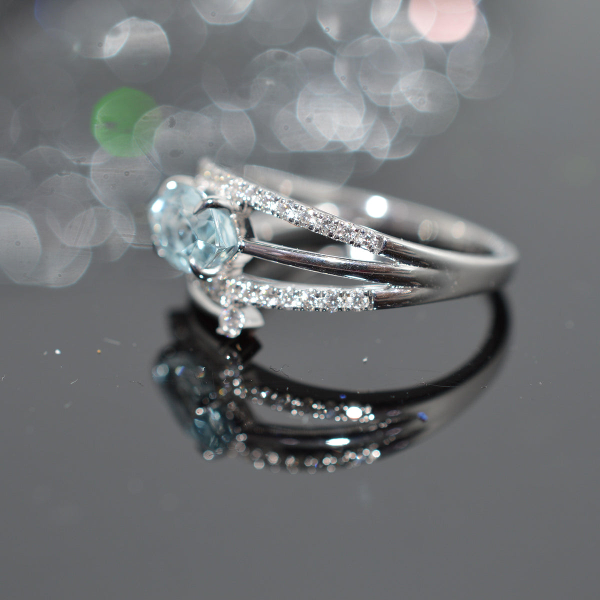 14K White Gold Contemporary Marquise Aquamarine & Diamond Ring