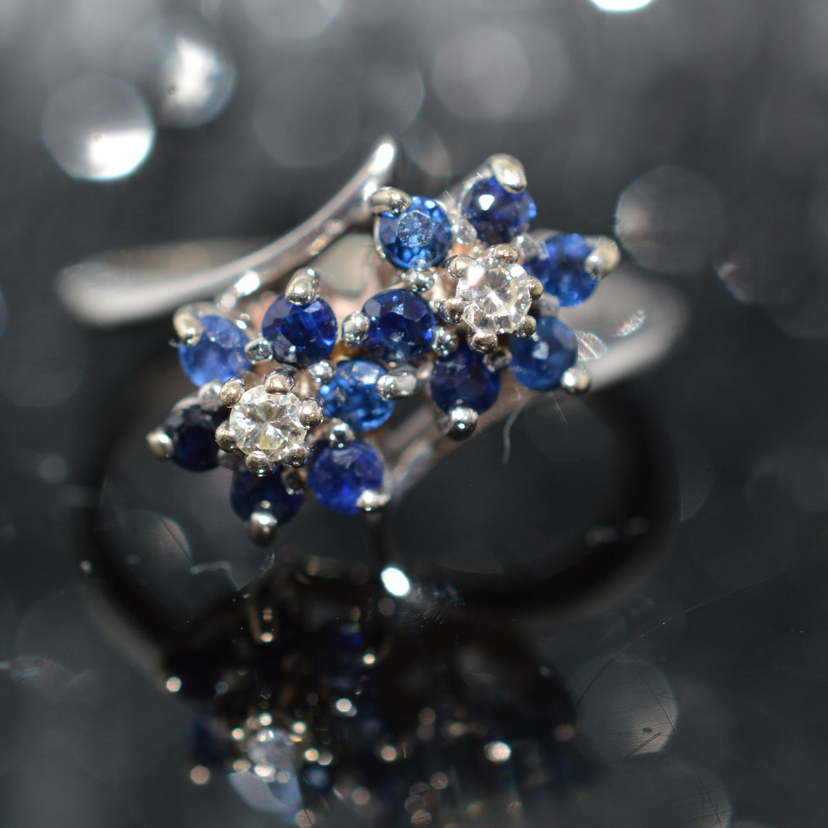 14K White Gold Ring With 2 Flower Shape Clusters Of Sapphires & Diamonds