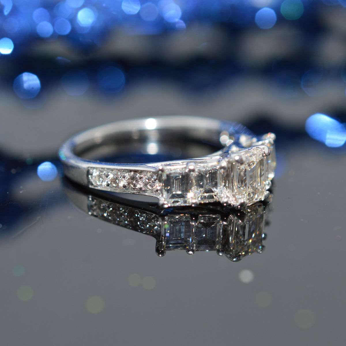 14K White Gold 2 Carat Baguette & Emerald Cut Diamond Anniversary Ring