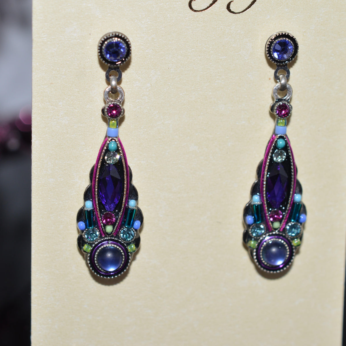 Antique Silver Plate Slim Navette Drop Earrings With Tanzanite Color Crystals By Firefly