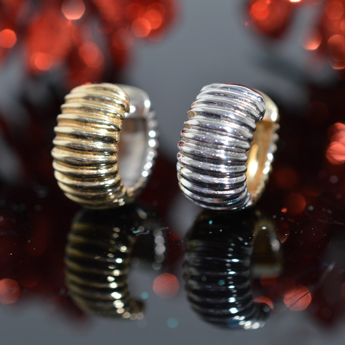 14K Two Tone Gold Reversible Ribbed Huggie Earrings