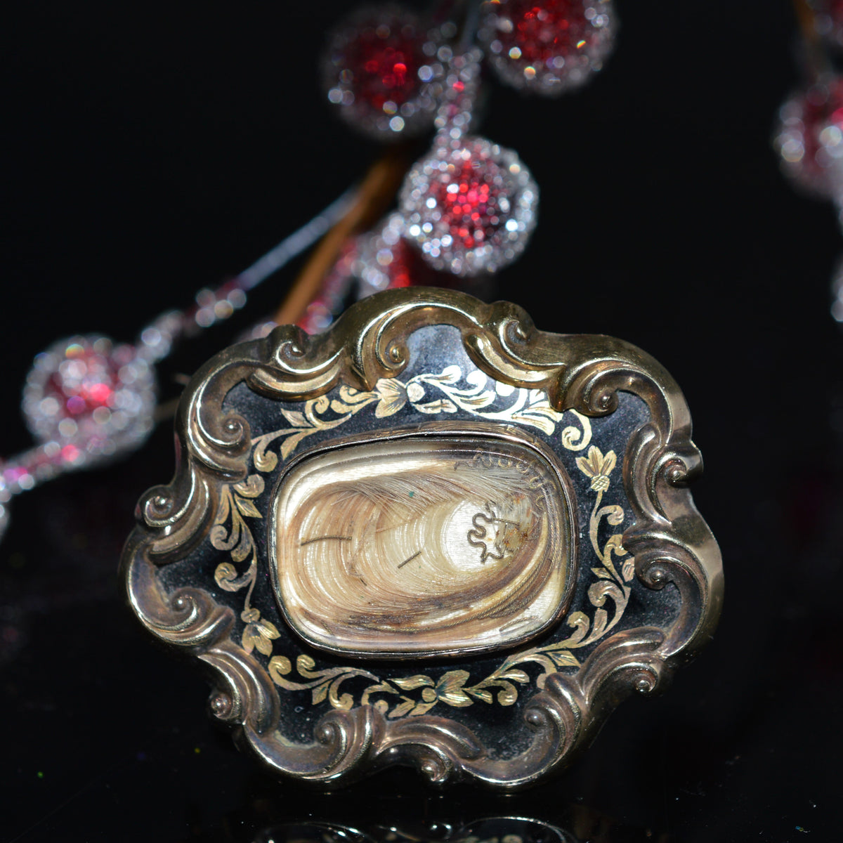14K Yellow Gold Antebellum Memorial Brooch With Locks Of Hair & Engraving