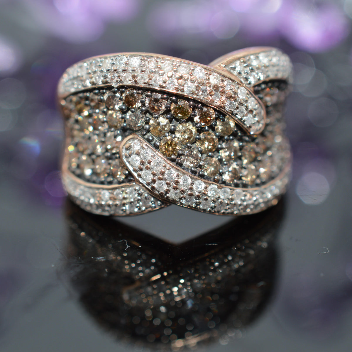 10K Rose Gold Beautiful Wide Band Ring With Brown & White Diamonds