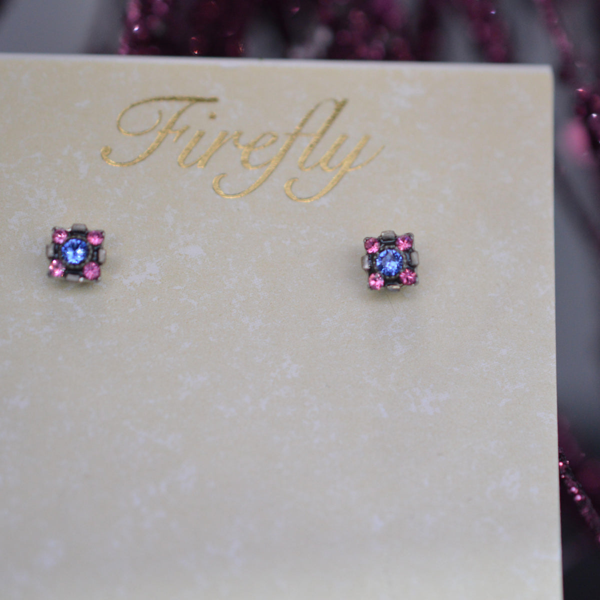Antique Silver Plated Sapphire Crystal Dulce Mini Stud Earrings By Firefly