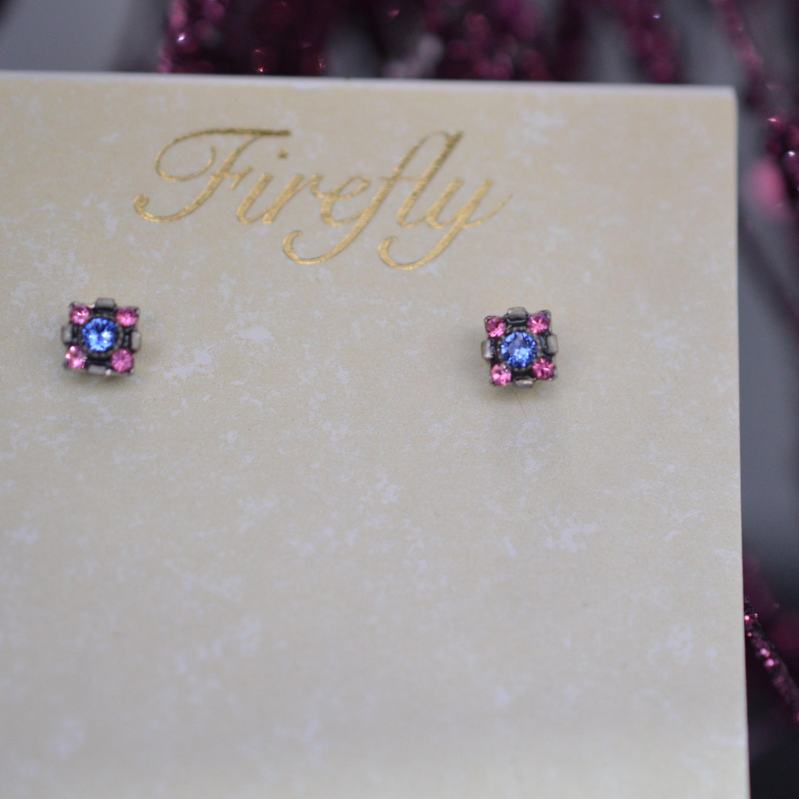 Antique Silver Plated Sapphire Crystal Dulce Mini Stud Earrings By Firefly