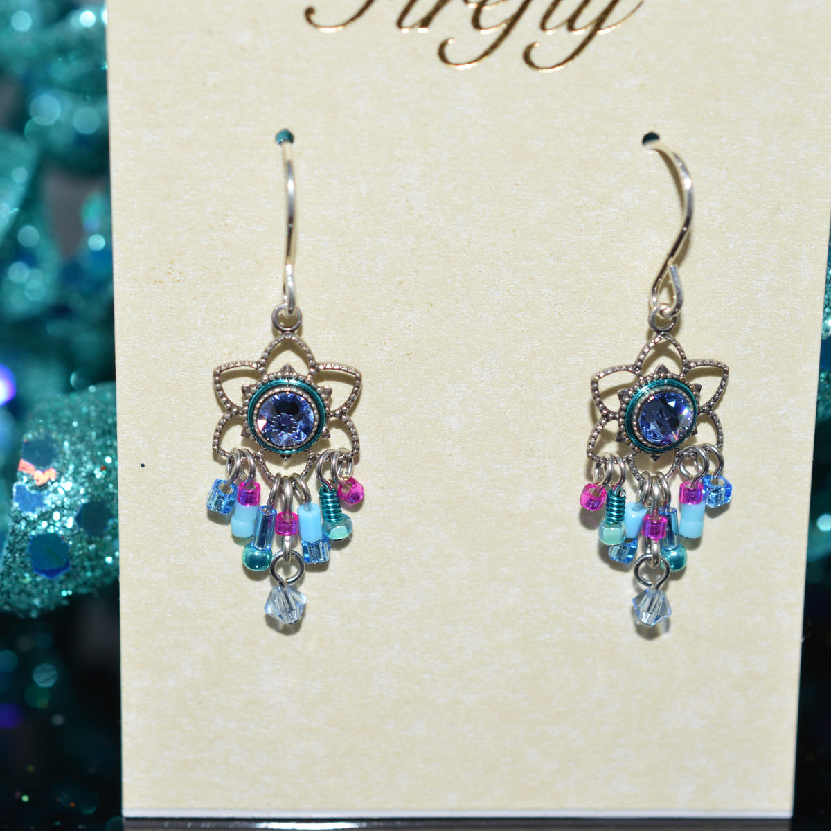 Antique Silver Plated Blue Crystal Chandelier Earrings by Firefly