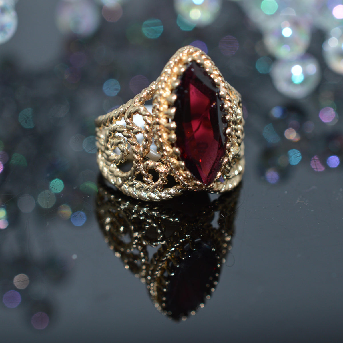 14K Yellow Gold Marquise Cut Garnet Filigree Ring