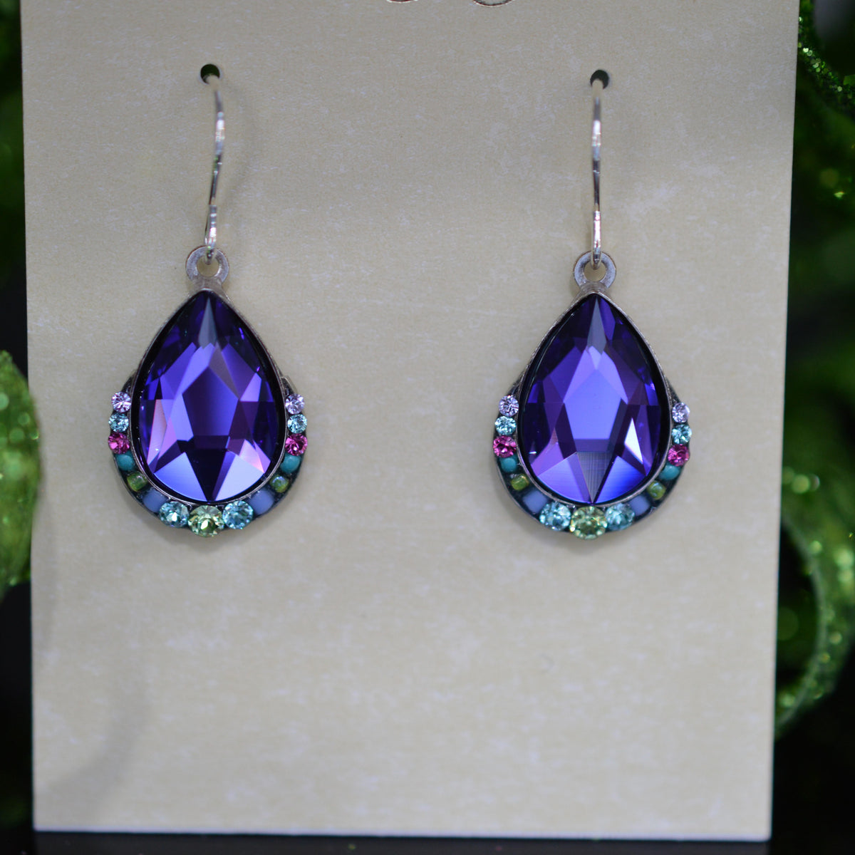Antique Silver Plate Carmel Teardrop Earrings With Purple Crystals By Firefly